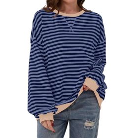 Loose Striped Long Sleeve T-shirt Casual Pullover Sweater For Womens Clothing (Option: Denim Blue-M)