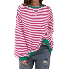 Loose Striped Long Sleeve T-shirt Casual Pullover Sweater For Womens Clothing (Option: Rose Red-M)