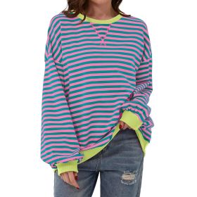 Loose Striped Long Sleeve T-shirt Casual Pullover Sweater For Womens Clothing (Option: Pink Green-M)