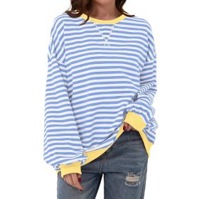 Loose Striped Long Sleeve T-shirt Casual Pullover Sweater For Womens Clothing (Option: Sky Blue-M)