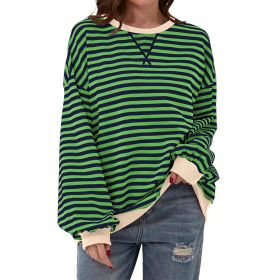 Loose Striped Long Sleeve T-shirt Casual Pullover Sweater For Womens Clothing (Option: Blue And Green-M)