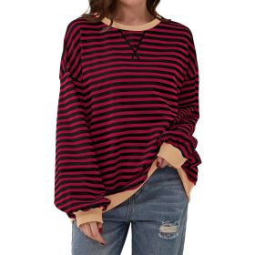 Loose Striped Long Sleeve T-shirt Casual Pullover Sweater For Womens Clothing (Option: Black And Red-M)