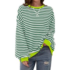 Loose Striped Long Sleeve T-shirt Casual Pullover Sweater For Womens Clothing (Option: Dark Green-M)