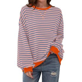 Loose Striped Long Sleeve T-shirt Casual Pullover Sweater For Womens Clothing (Option: Orange Blue-M)