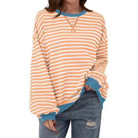 Loose Striped Long Sleeve T-shirt Casual Pullover Sweater For Womens Clothing (Option: Beige Bottom Orange Stripe-L)