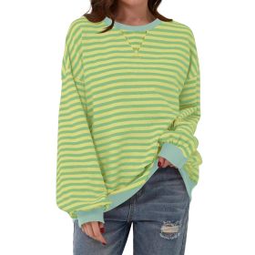 Loose Striped Long Sleeve T-shirt Casual Pullover Sweater For Womens Clothing (Option: Yellow Green-L)