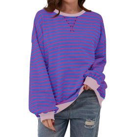 Loose Striped Long Sleeve T-shirt Casual Pullover Sweater For Womens Clothing (Option: Purplish Blue-L)