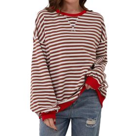 Loose Striped Long Sleeve T-shirt Casual Pullover Sweater For Womens Clothing (Option: Coffee-L)